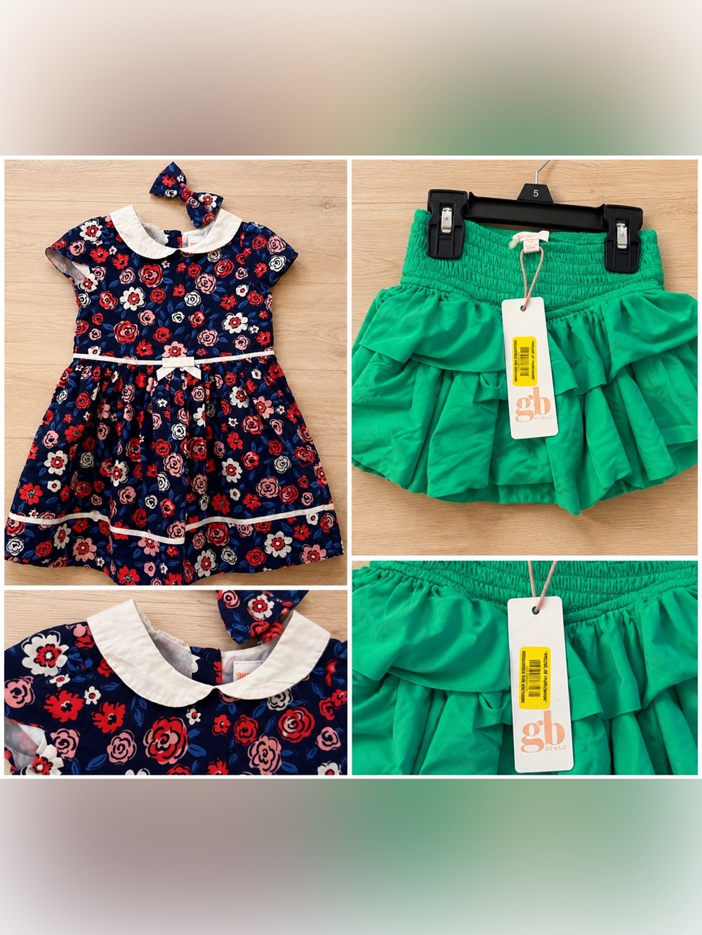 Gymboree Navy and Red Floral Dress with Matching Hair Bow and GB Skort bundle 2T